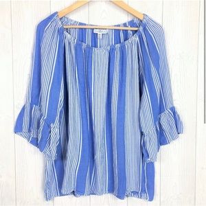 FEVER Blue White Striped Bell Sleeves Off-Shoulder